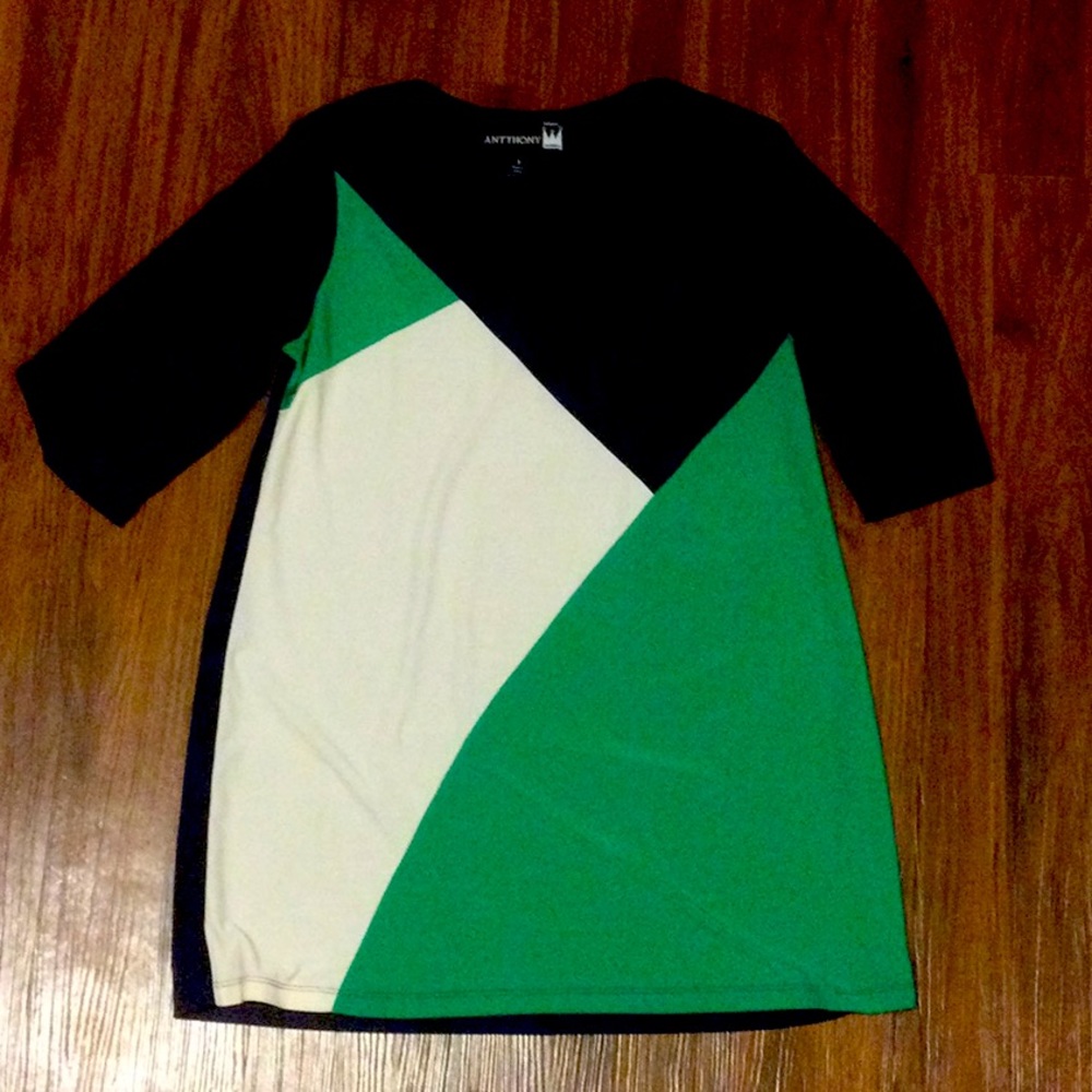 Antthony small womens top in geometric green, blue and cream